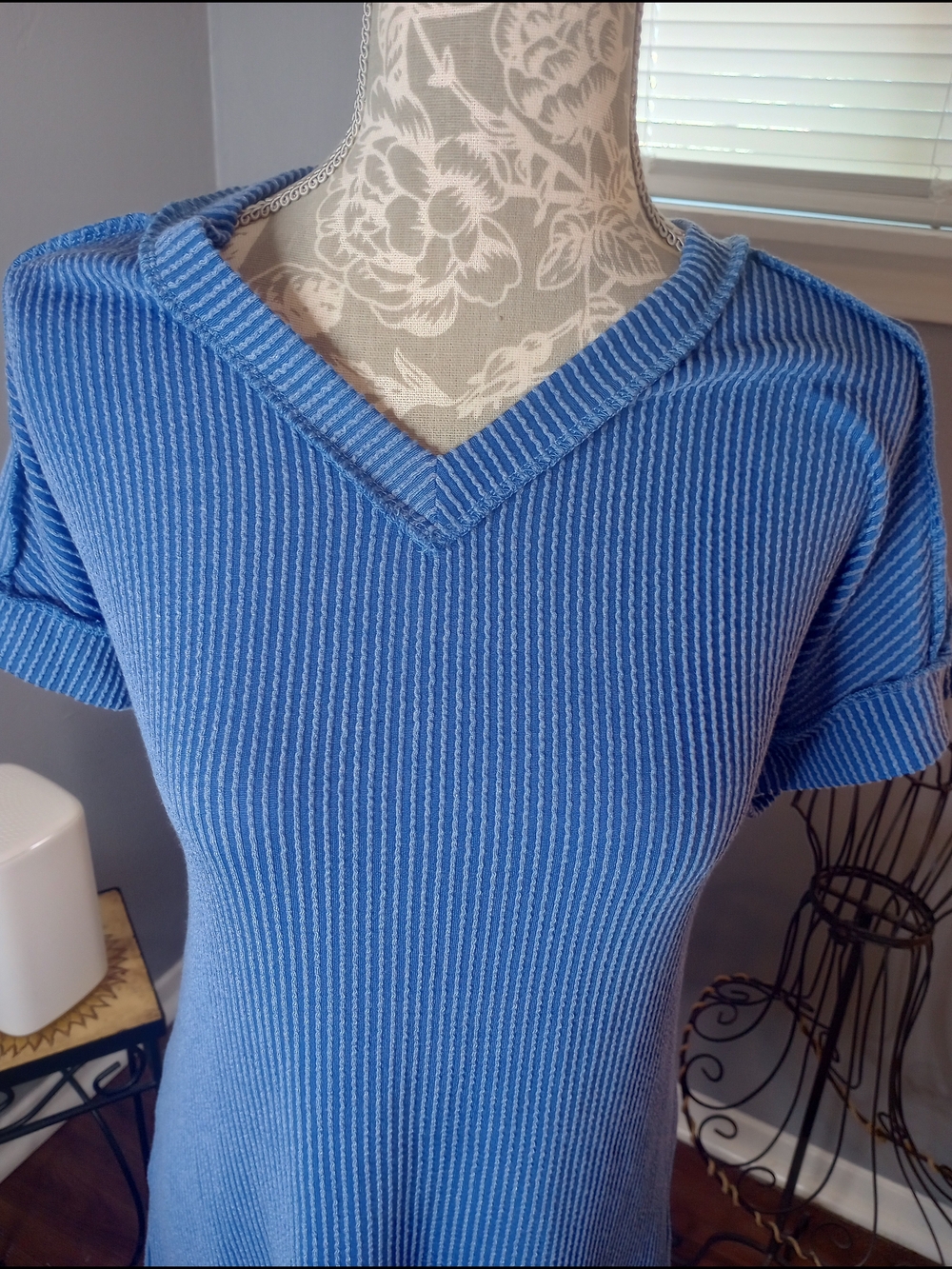 2 For $10 Or $7 Each Blue Ribbed V-Neck Short Sleeve Knit Top